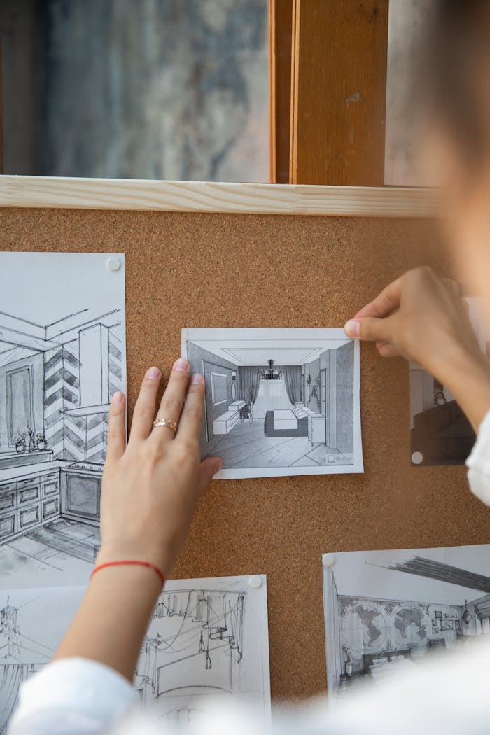Hands placing architectural sketches on a corkboard, showcasing interior design concepts.