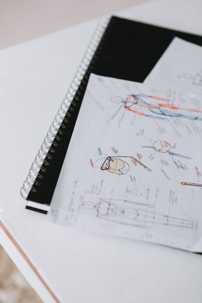 Detailed sketches on a notepad showcasing creative design concepts and drawings.