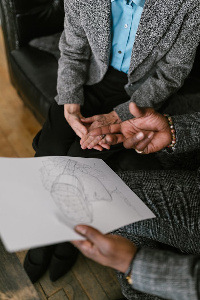 Two professionals discuss while reviewing a sketch in a cozy office setting.